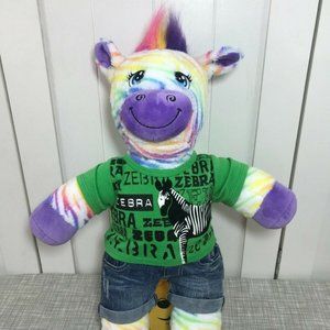 Build A Bear Rainbow Zebra Plush 18" Tall w/ Green Zebra Shirt & Shorts